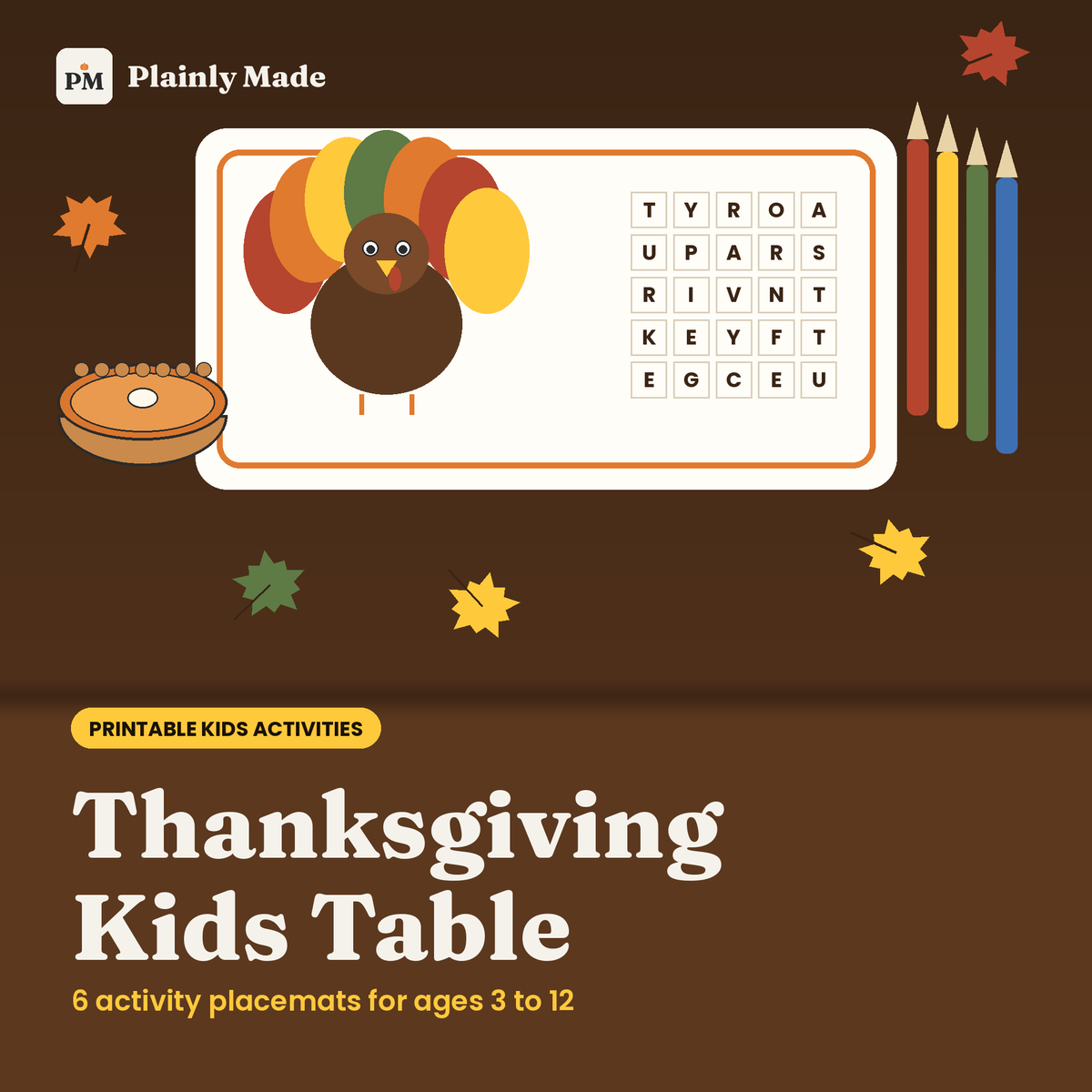 Thanksgiving Kids Table Activity Placemats, Printable for Ages 3 to 12
