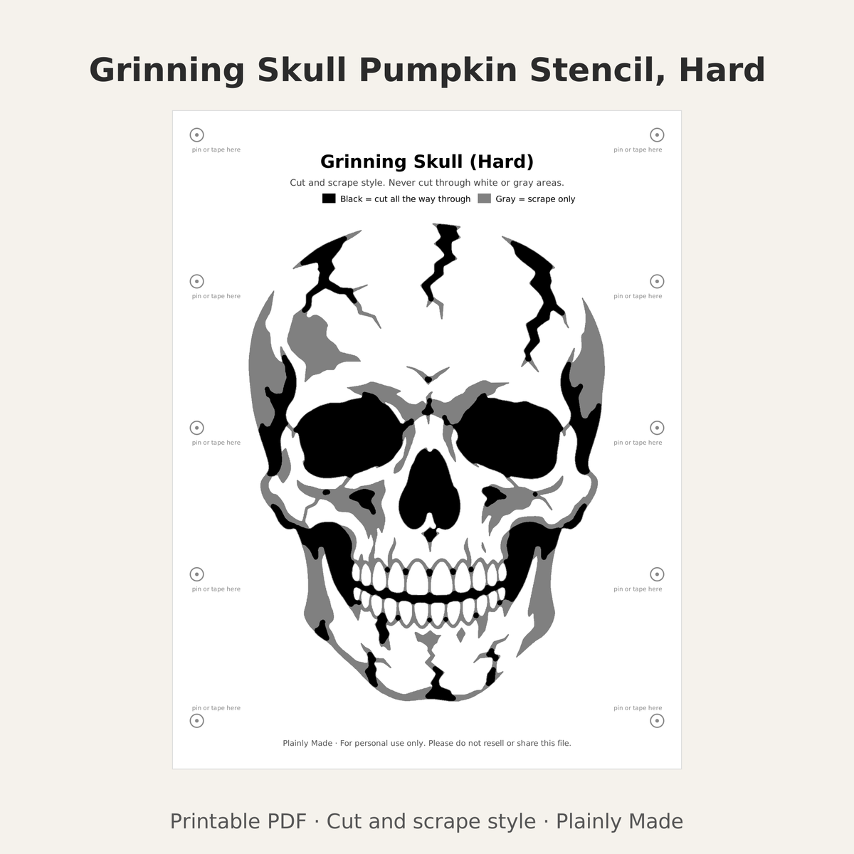 Grinning Skull Pumpkin Stencil, Hard Printable for Teens