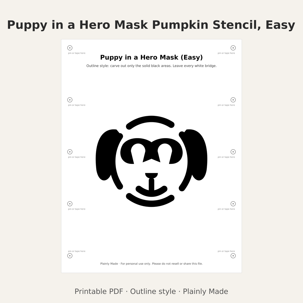 Puppy in a Hero Mask Pumpkin Stencil, Easy Outline Printable for Kids