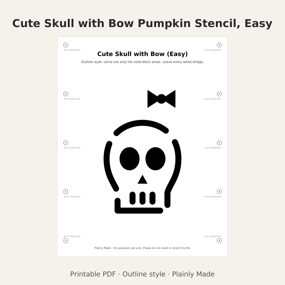 Cute Skull with Bow Pumpkin Stencil, Easy Outline Printable for Kids