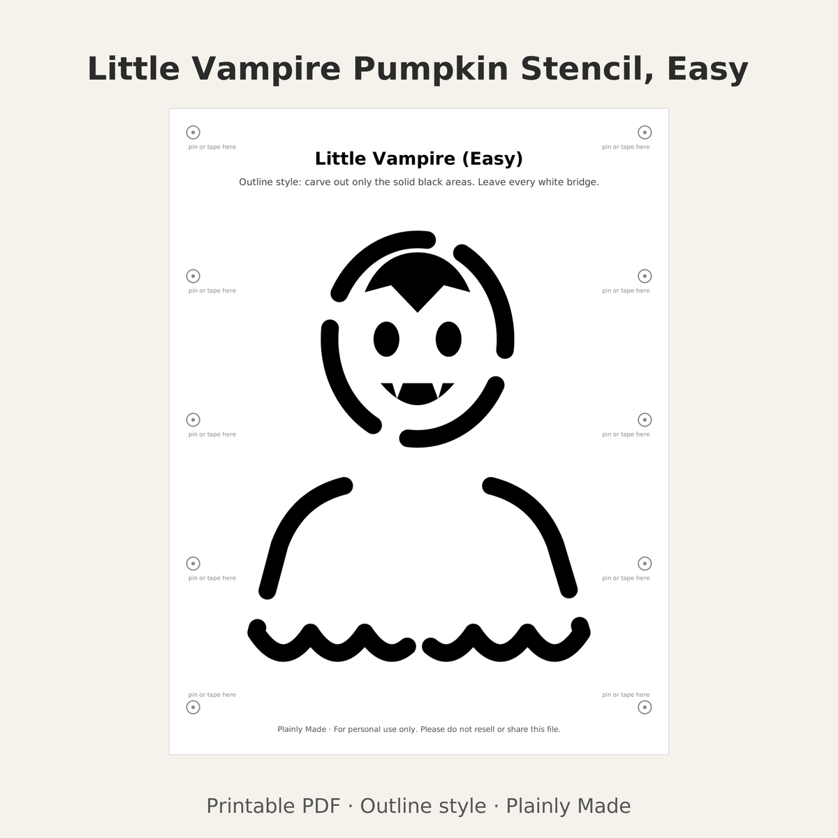 Little Vampire Pumpkin Stencil, Easy Outline Printable for Kids