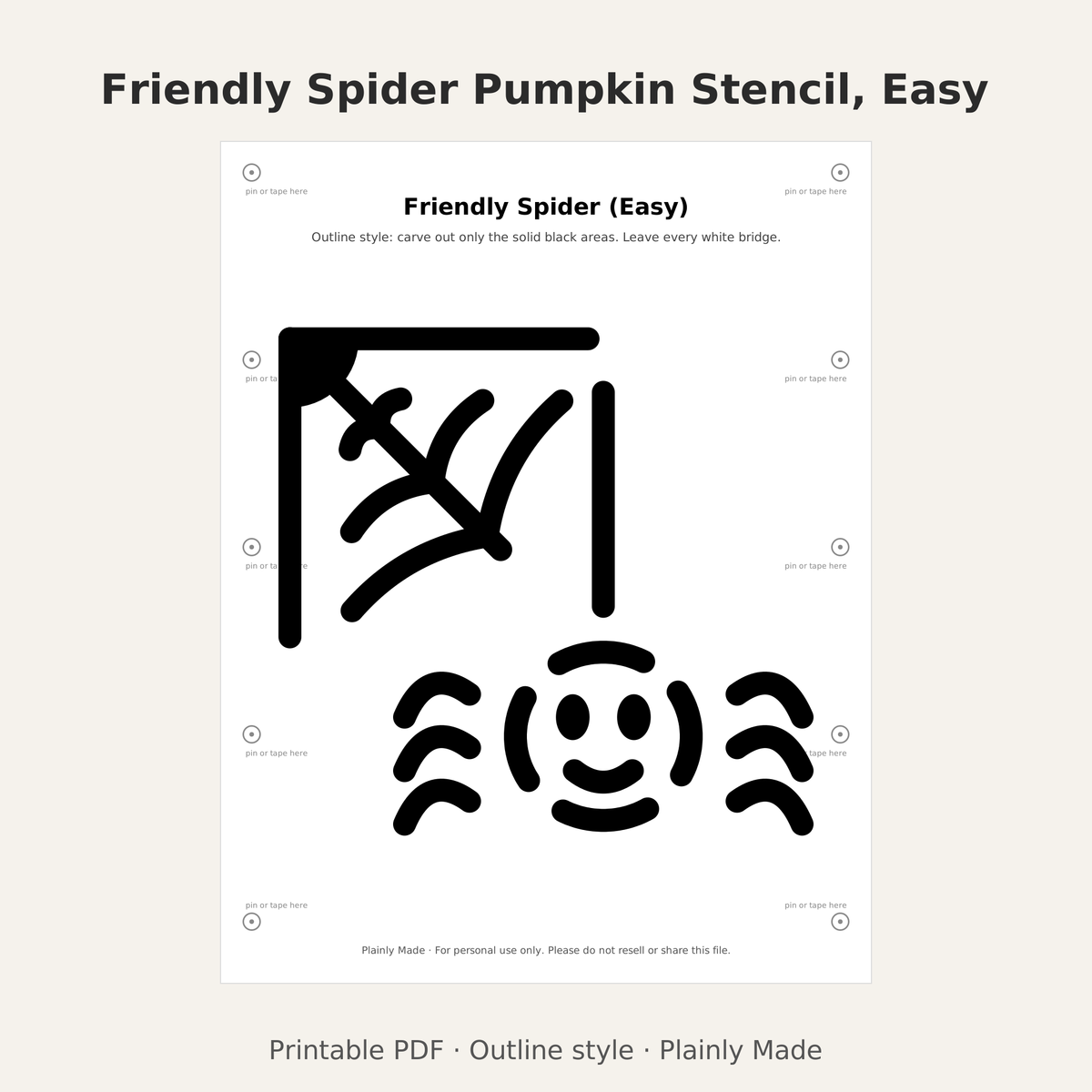 Friendly Spider Pumpkin Stencil, Easy Outline Printable for Kids