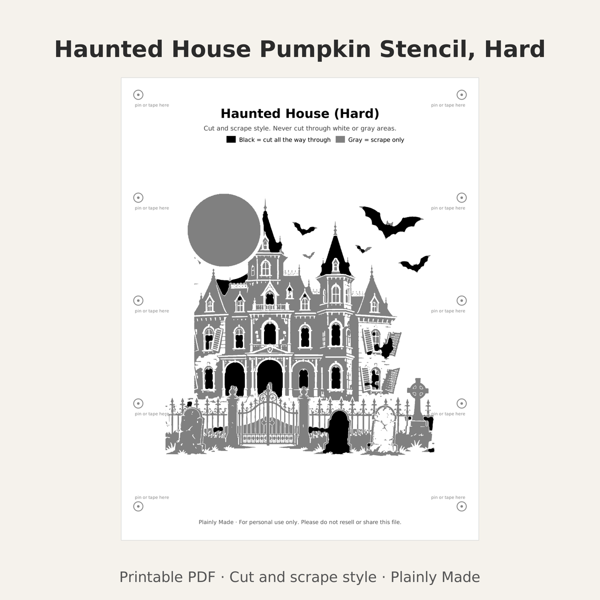 Haunted House Pumpkin Stencil, Hard Printable for Teens