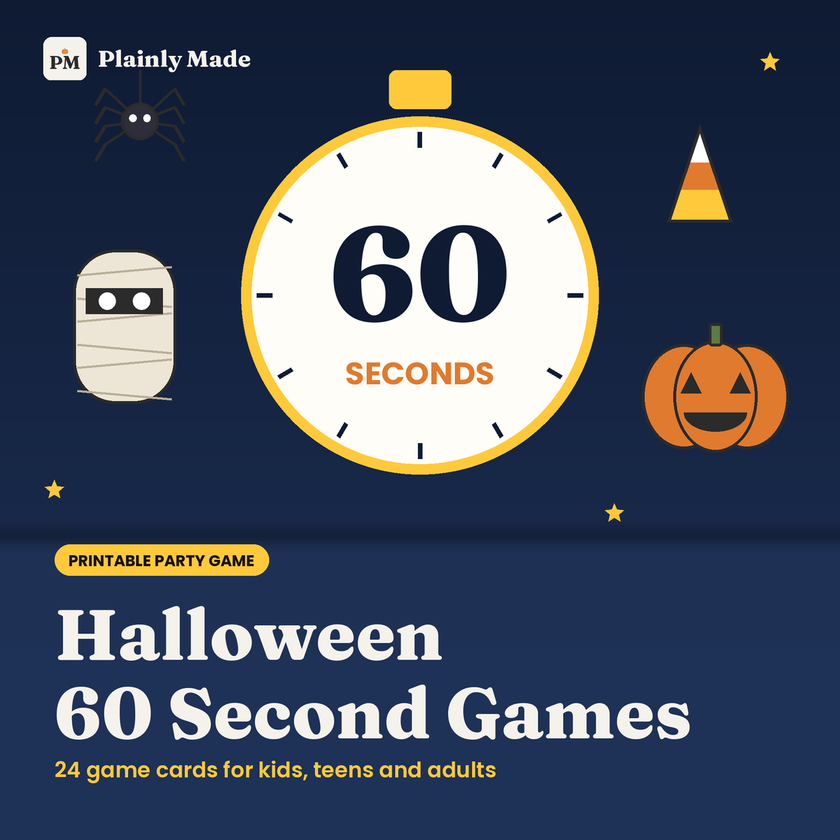 Halloween 60 Second Party Games, 24 Printable Game Cards for Kids, Teens and Adults