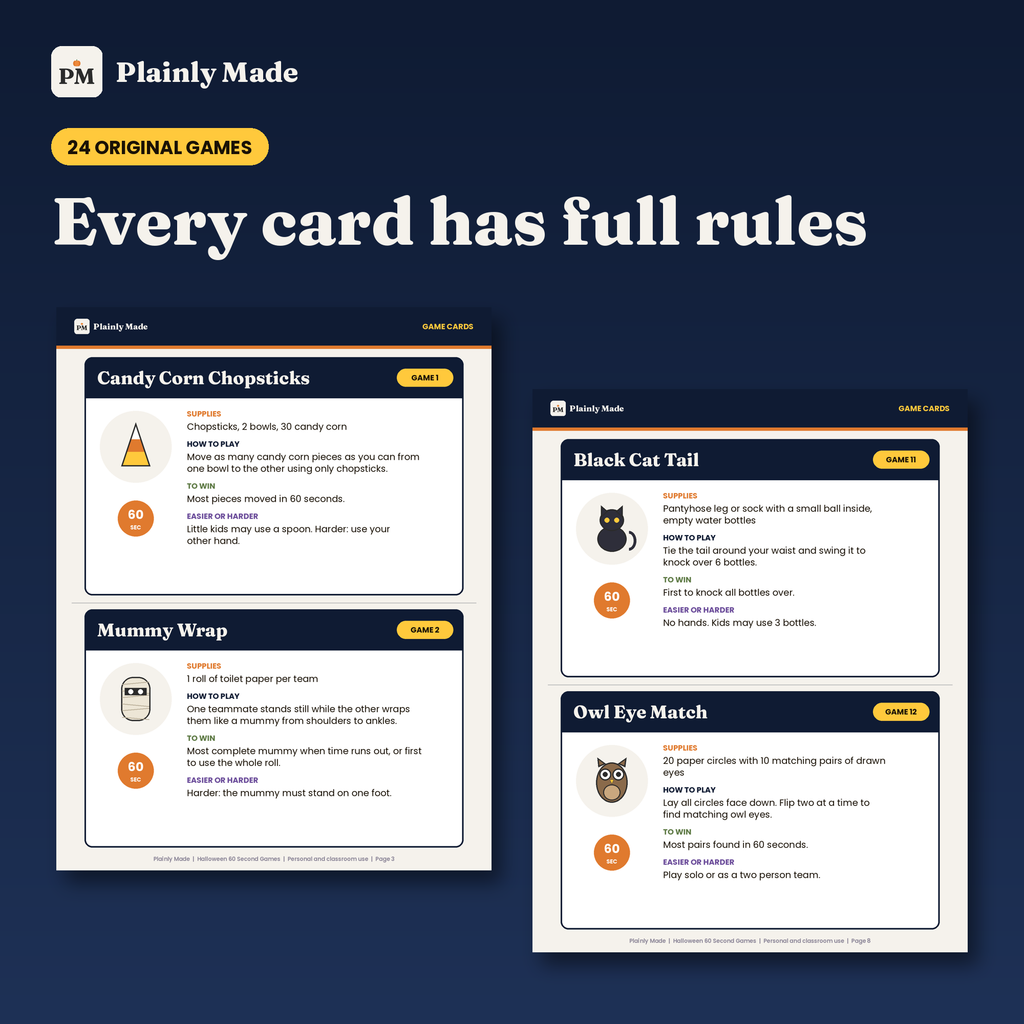 Halloween 60 Second Party Games, 24 Printable Game Cards for Kids, Teens and Adults