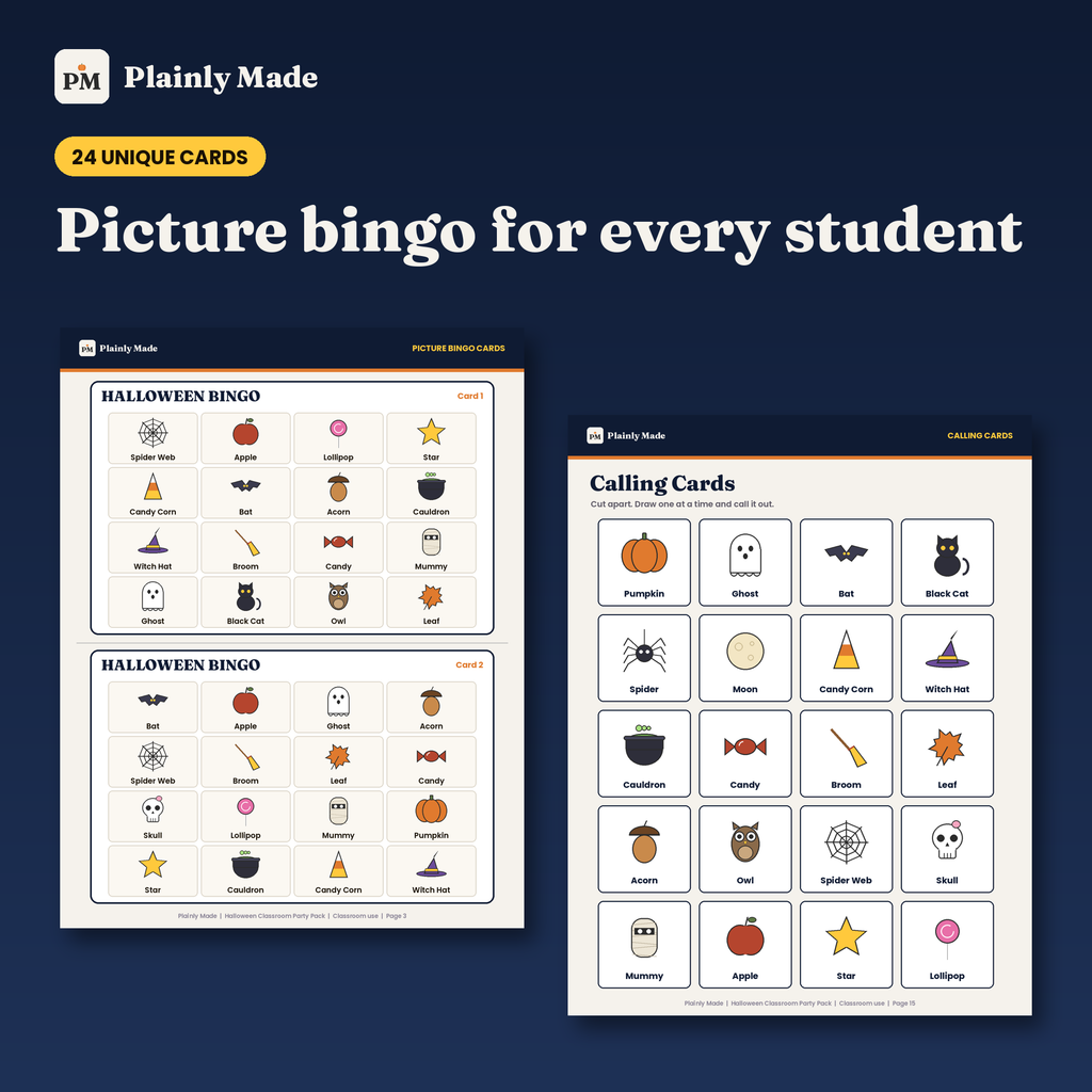 Halloween Classroom Party Pack, 24 Picture Bingo Cards and Games for Teachers