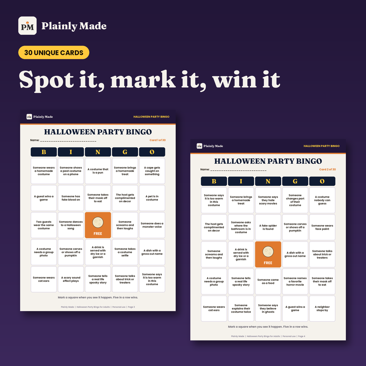 Halloween Party Bingo for Adults, 30 Unique Printable Cards