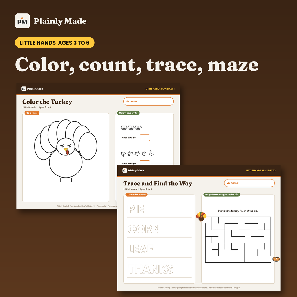 Thanksgiving Kids Table Activity Placemats, Printable for Ages 3 to 12