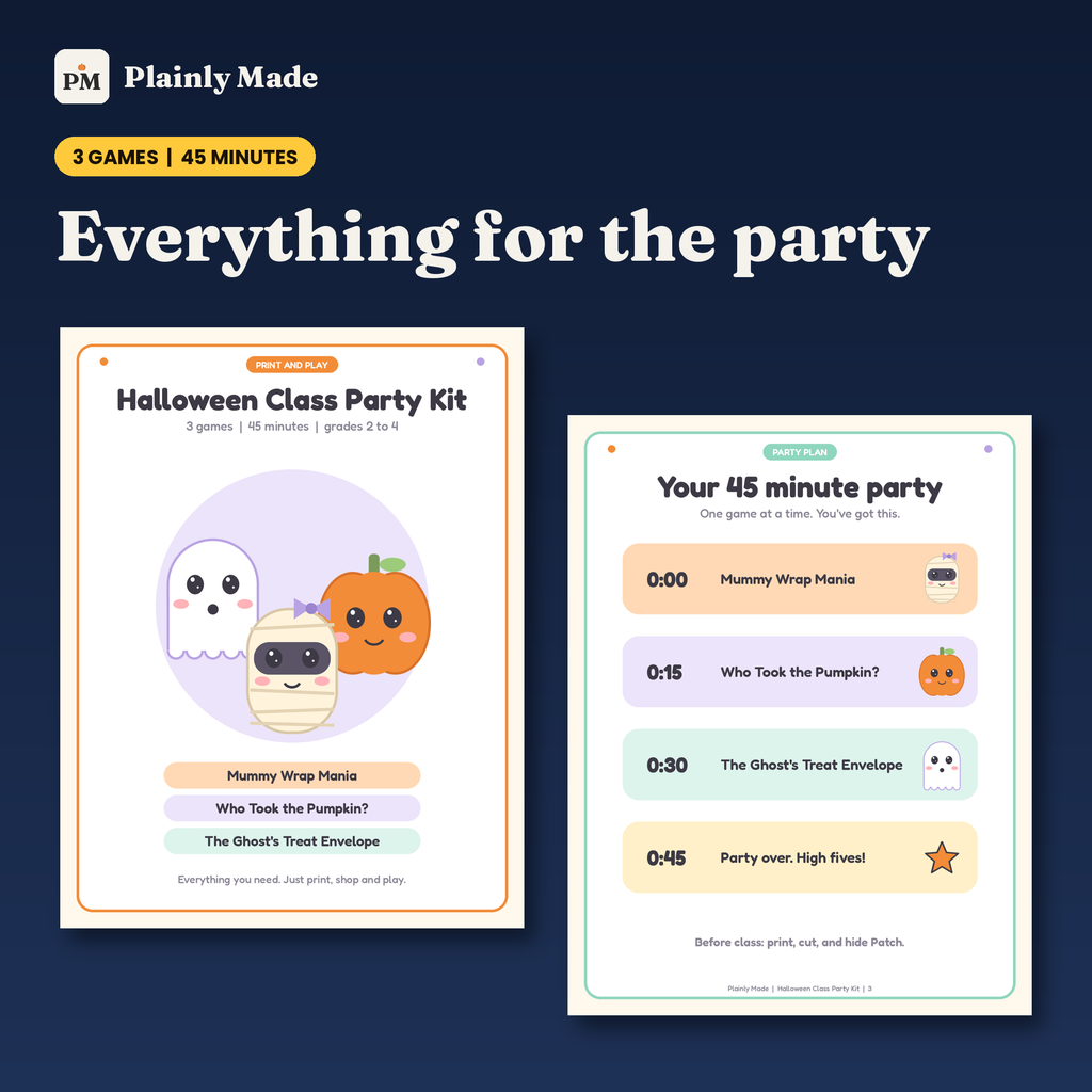 Halloween Class Party Kit for Grades 2 to 4 | 3 Printable Games, 45 Minute Plan, One Page Shopping List
