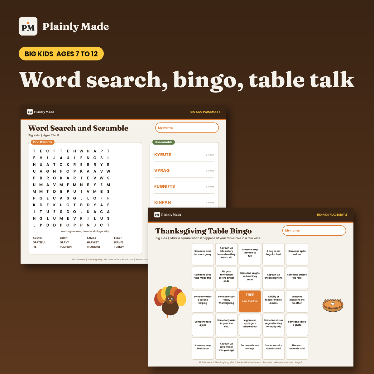 Thanksgiving Kids Table Activity Placemats, Printable for Ages 3 to 12