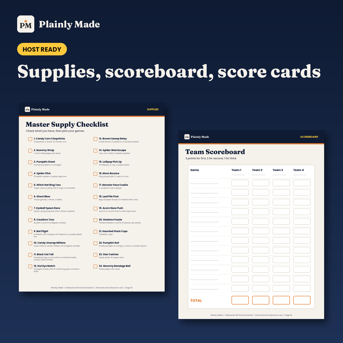 Halloween 60 Second Party Games, 24 Printable Game Cards for Kids, Teens and Adults