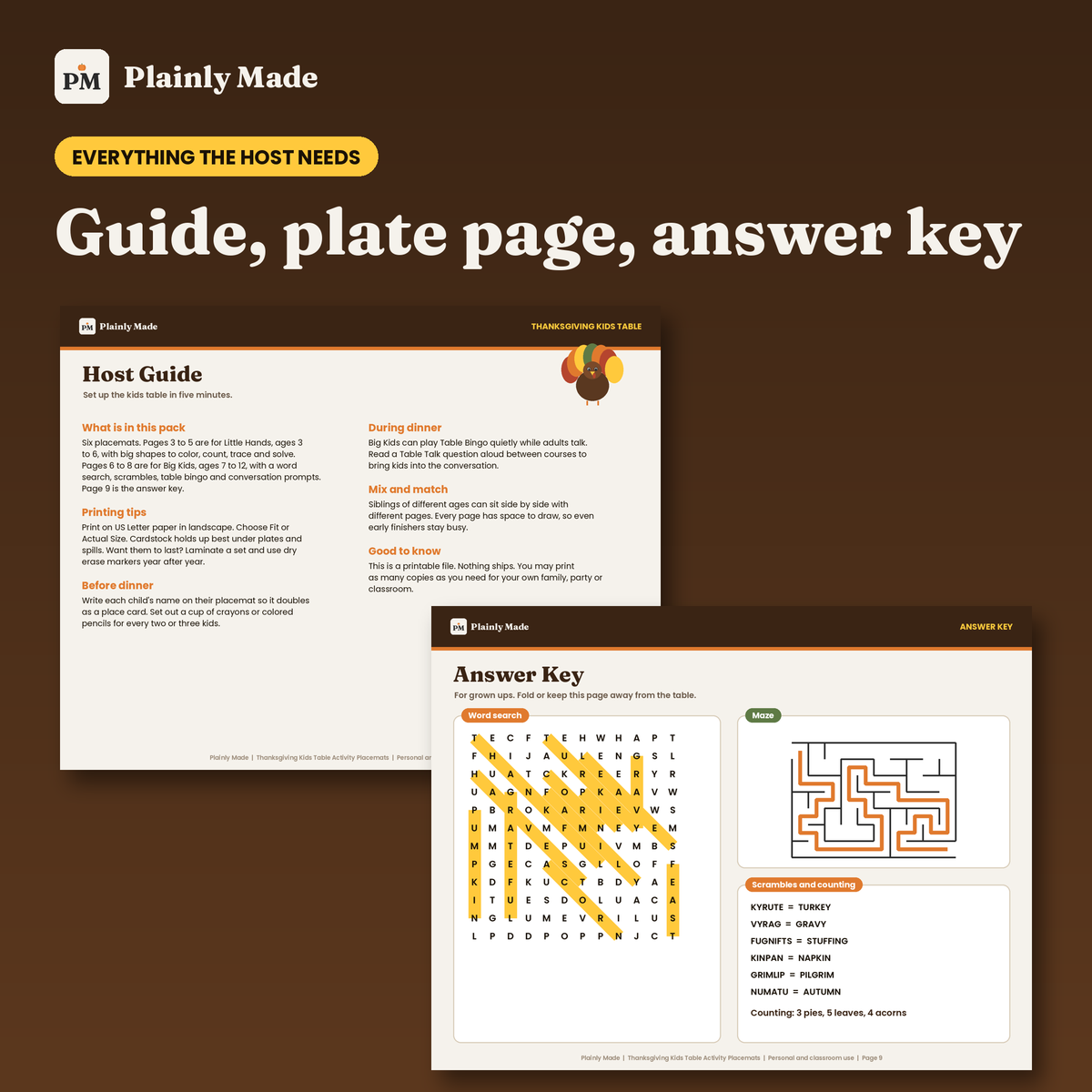 Thanksgiving Kids Table Activity Placemats, Printable for Ages 3 to 12