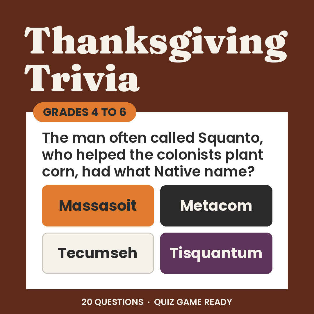Thanksgiving Trivia Game, Grades 4 to 6