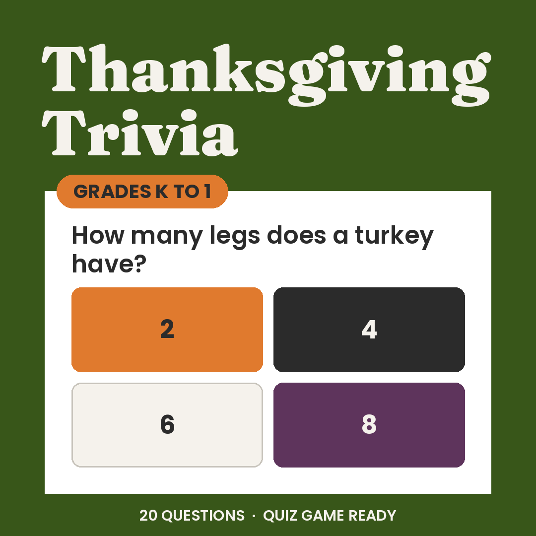 Thanksgiving Trivia Game, Grades K to 1