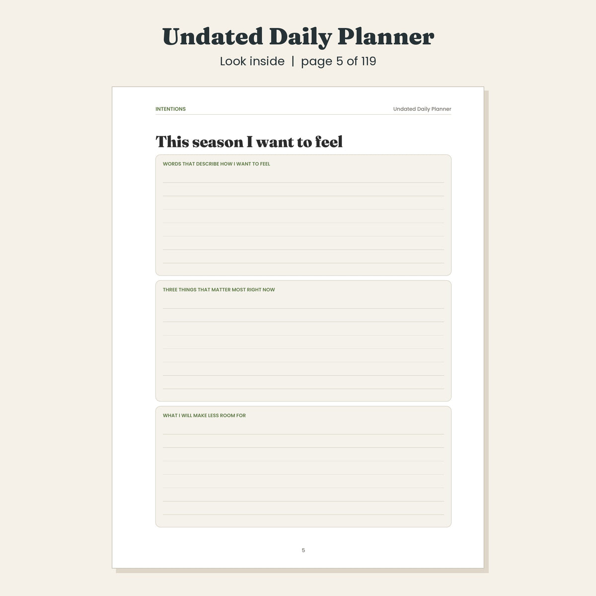 Undated Daily Planner, Mindful Daily Pages with Gratitude, Printable and Digital PDF