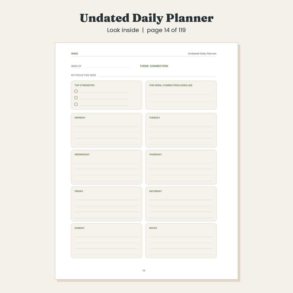 Undated Daily Planner, Mindful Daily Pages with Gratitude, Printable and Digital PDF