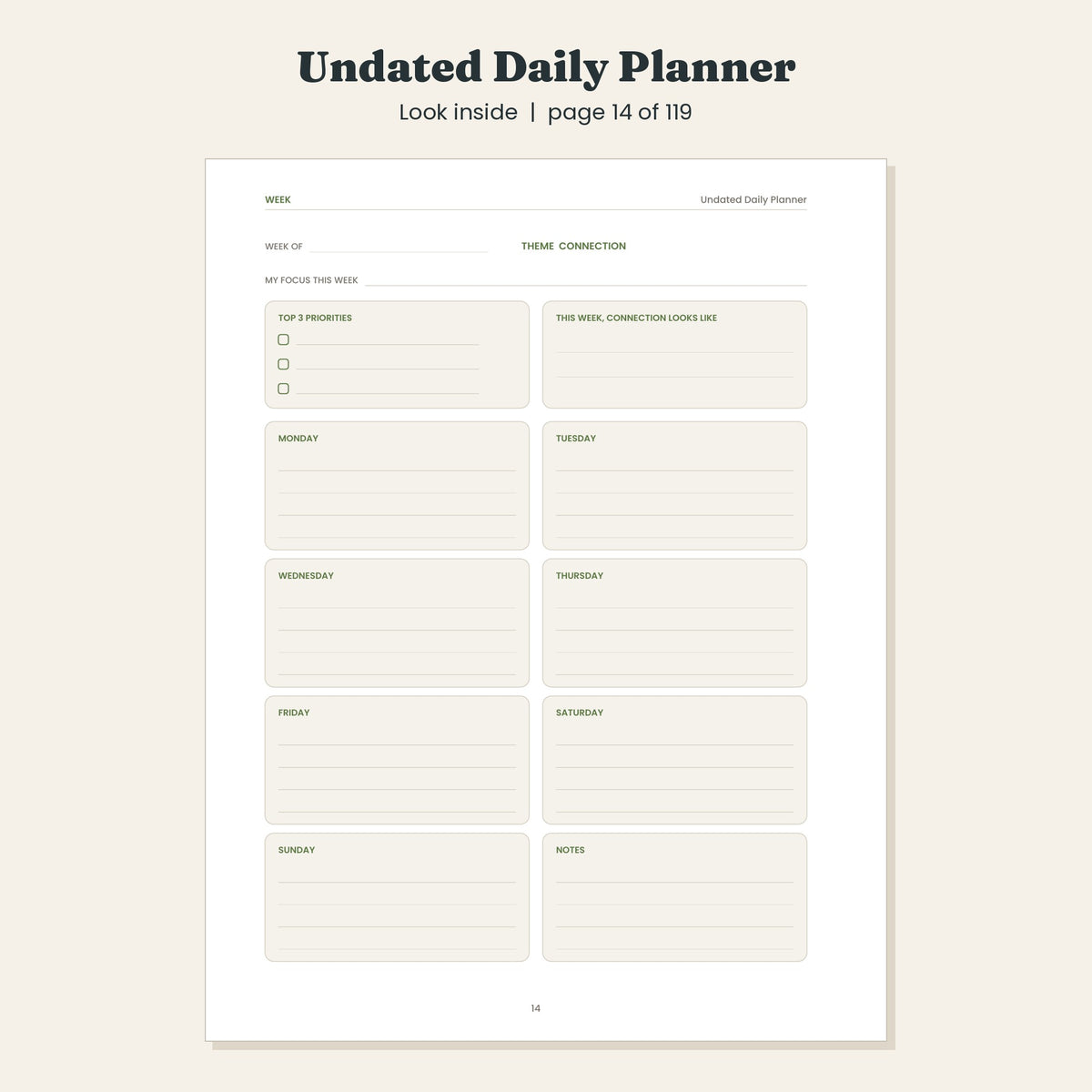 Undated Daily Planner, Mindful Daily Pages with Gratitude, Printable and Digital PDF