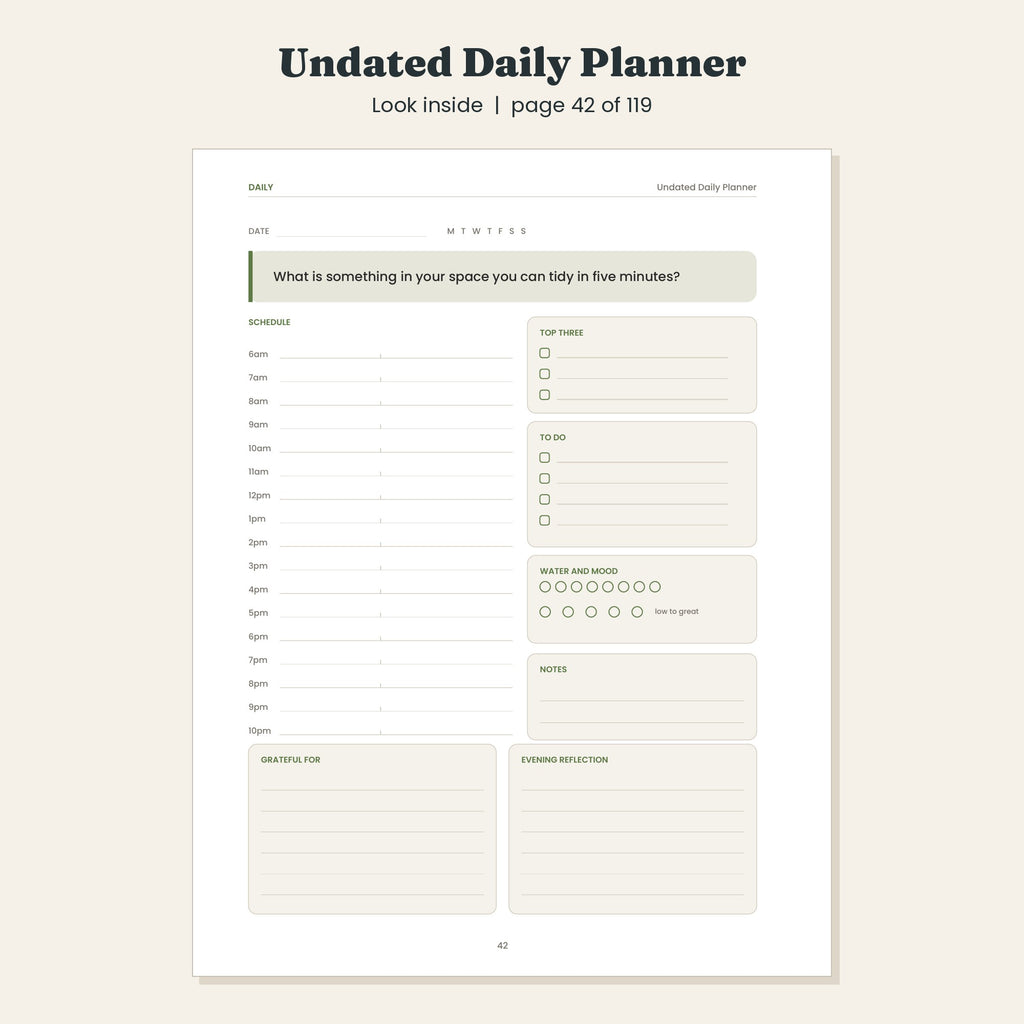 Undated Daily Planner, Mindful Daily Pages with Gratitude, Printable and Digital PDF