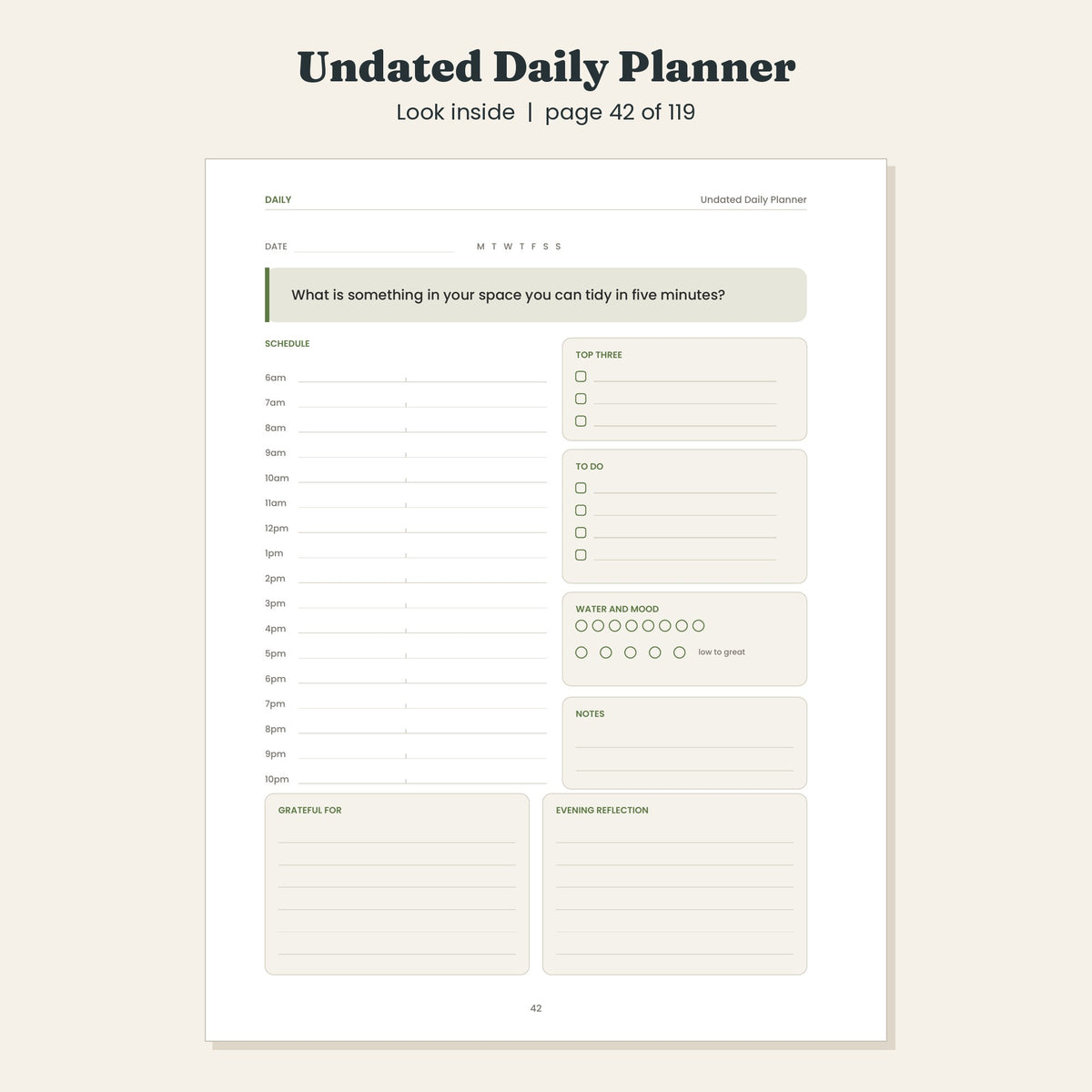 Undated Daily Planner, Mindful Daily Pages with Gratitude, Printable and Digital PDF